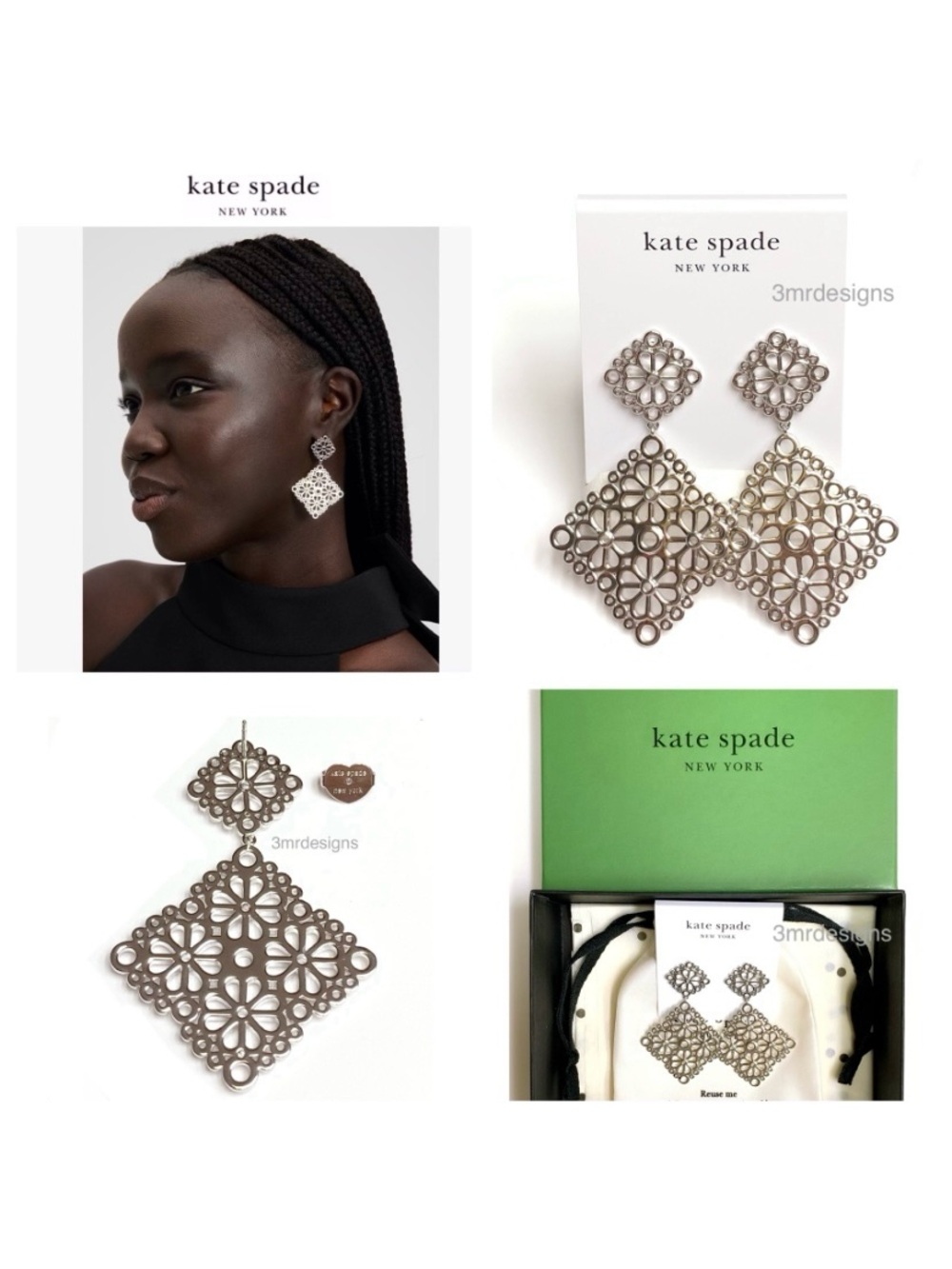 NWT Kate Spade ♠️ SPADE FLOWER Silver Plated Brass Lace Drop Earrings
